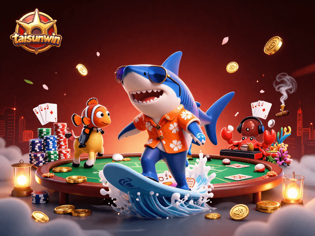 Experience the thrill of taisunwin's exciting casino action featuring a dynamic 3D shark, clownfish, and crab.