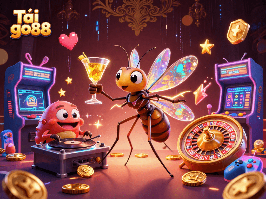 Tải go88 and enjoy vibrant casino games with a unique 3D illustration featuring retro and modern gaming elements.
