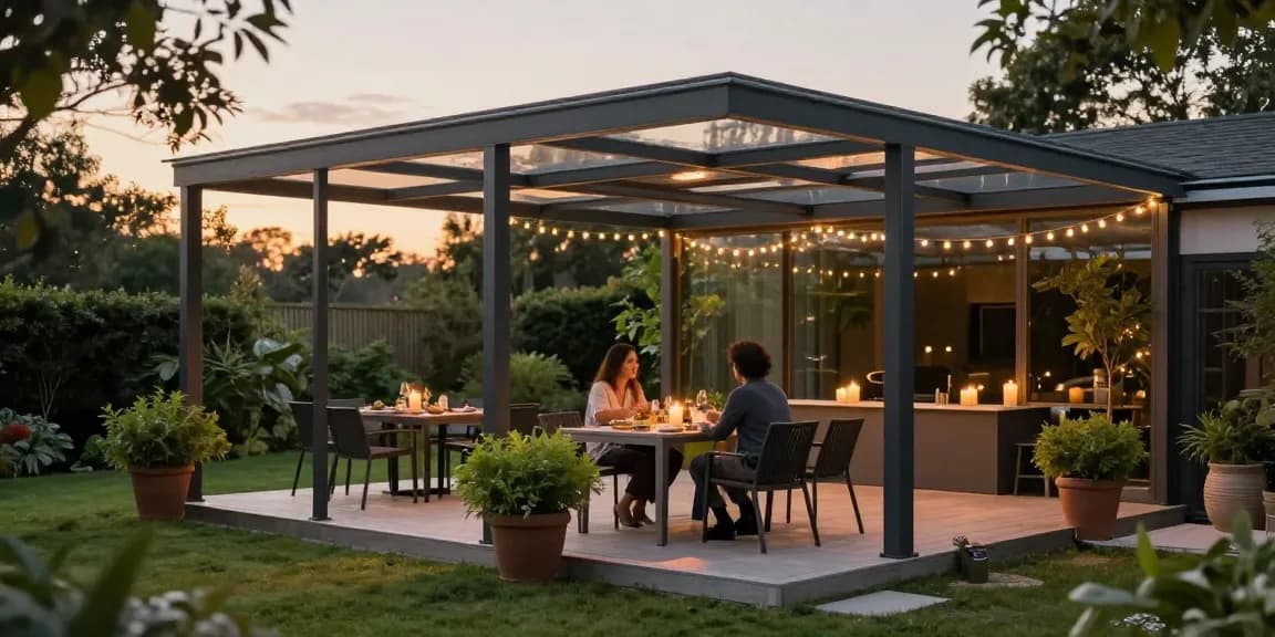 Elegante Terrassenüberdachungen aus Aluminium mit Glas, die einen gemütlichen Essbereich im Freien schaffen.