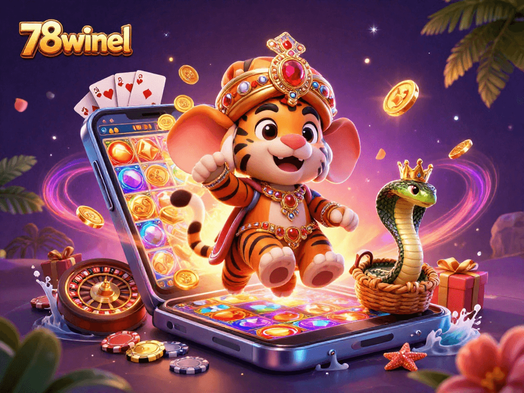 Experience winning at 78winel with a vibrant, 3D digital casino scene featuring a royal tiger and exciting games.