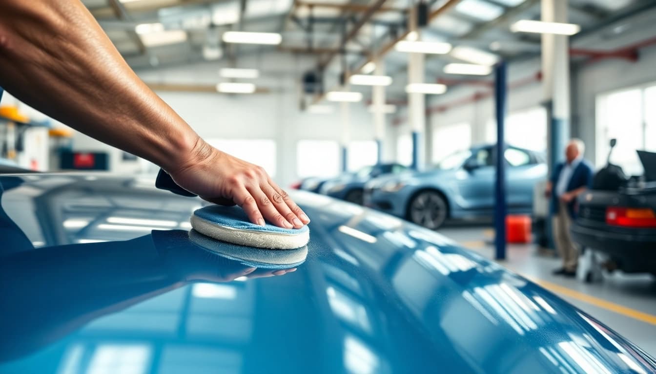 Aufbereitung für Leasingrückläufer (inkl. Smart Repair) mit professionellem Polierer in heller Werkstatt