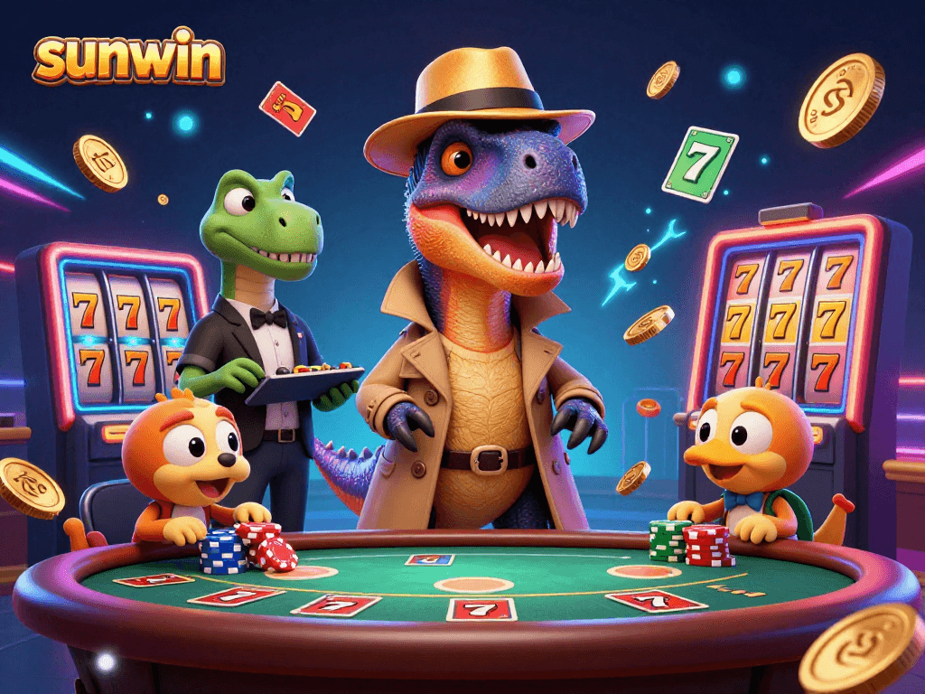Experience thrilling gameplay with sunwin as a velociraptor card counter navigates the blackjack tables, surrounded by dynamic casino elements.