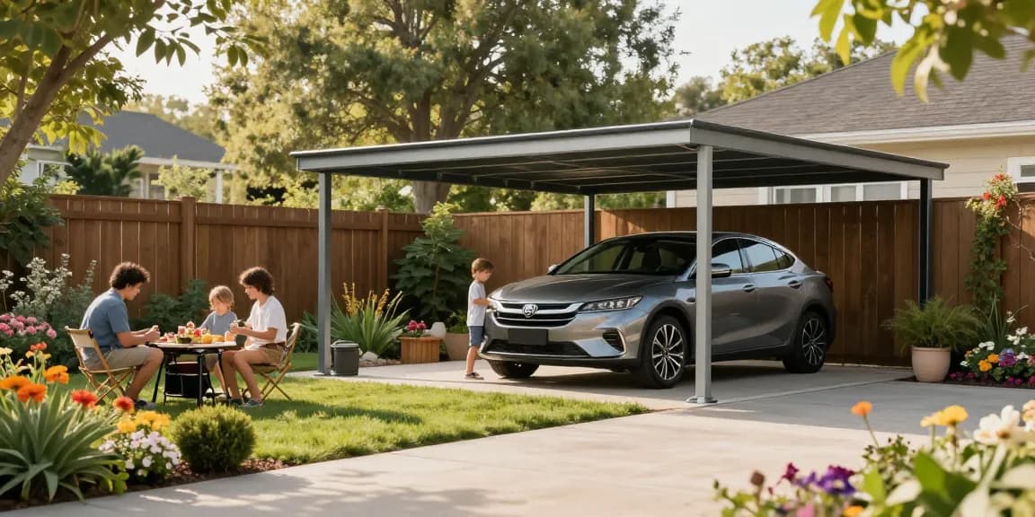 Moderne Carport-Straße mit Auto und Familie beim Grillen in der Nähe.
