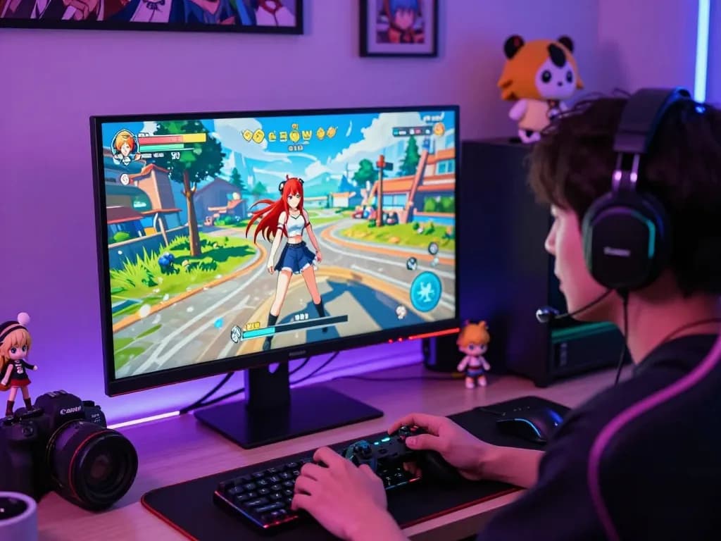 Player fully immersed in a captivating hentai game with vibrant anime visuals and gaming setup.
