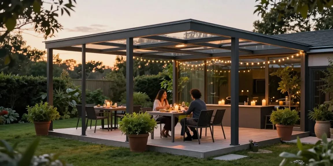 Elegante Terrassenüberdachungen aus Aluminium mit Glas, die einen gemütlichen Essbereich im Freien schaffen.