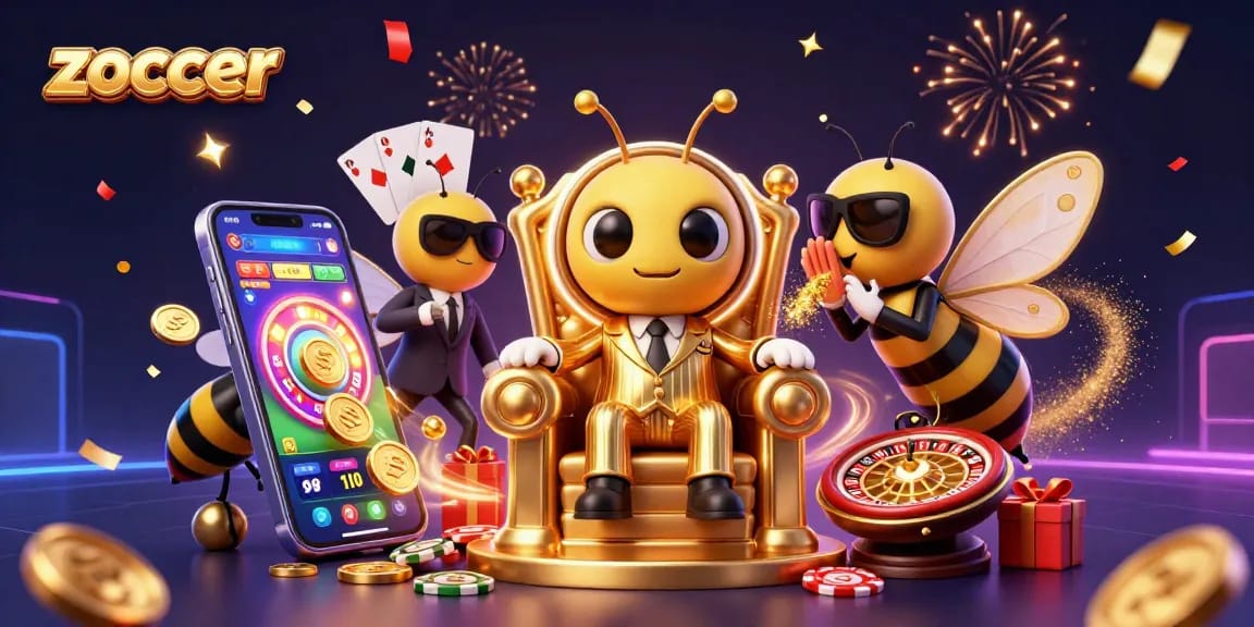 Zoccer showcases sports betting excitement with vibrant colors and dynamic casino elements.