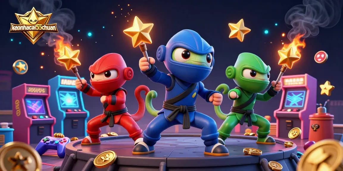 Engage with keonhacai55chuan through vibrant 3D illustration of chameleon ninja team in action among colorful gaming elements.