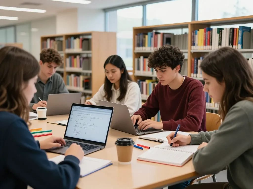 Studenten nutzen einen Hausaufgaben Löser online in einer hellen Lernumgebung und arbeiten mit Laptops und Büchern zusammen.