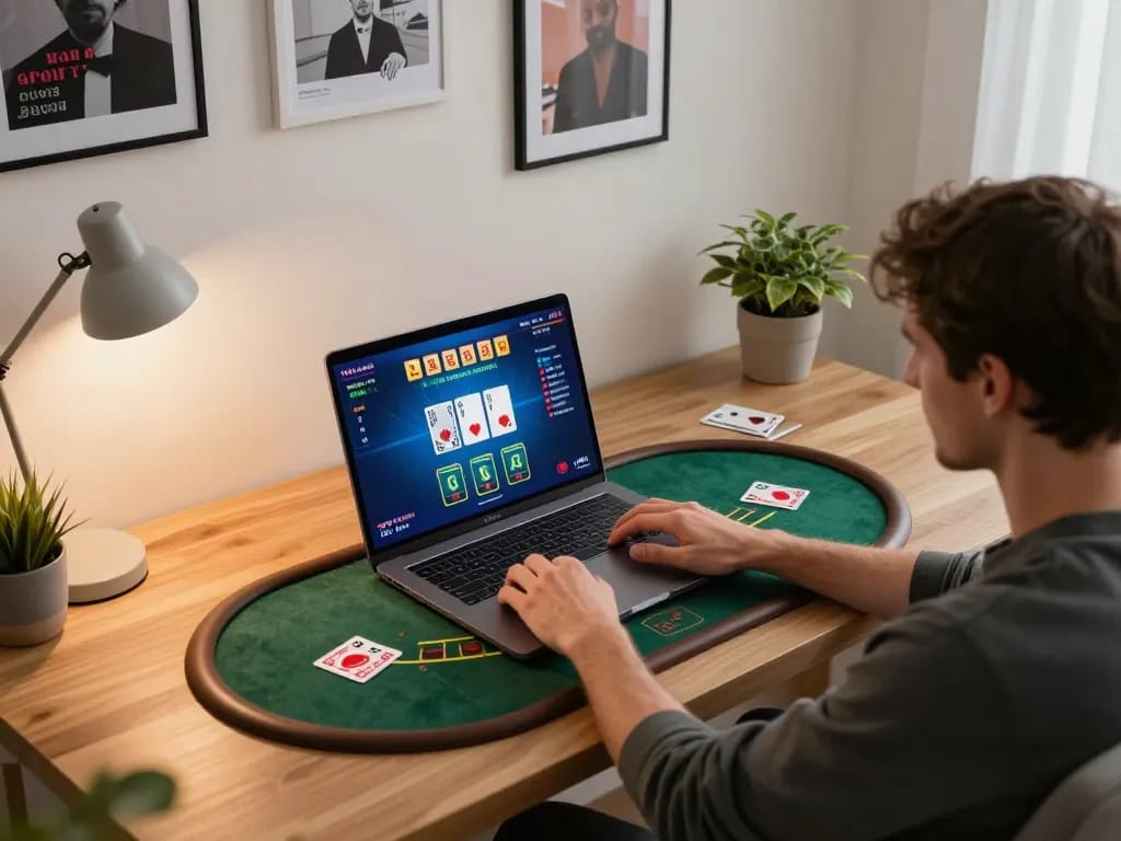 CM88 player engaged in online blackjack with detailed interface, cozy home setup