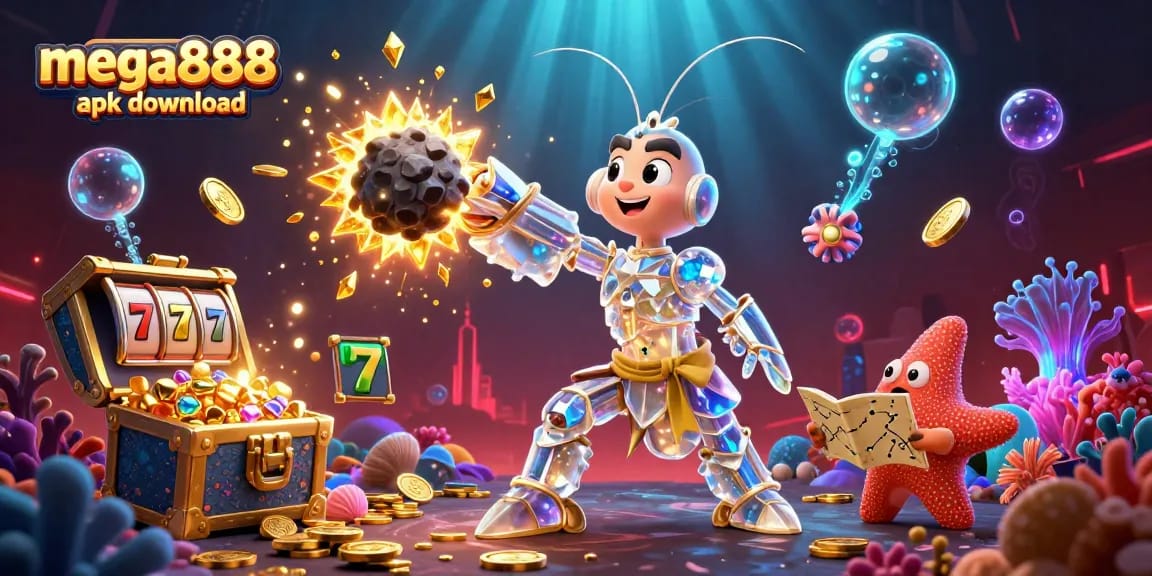 Experience the thrill of mega888 apk download amidst a vibrant underwater scene filled with golden gems and slot game elements.