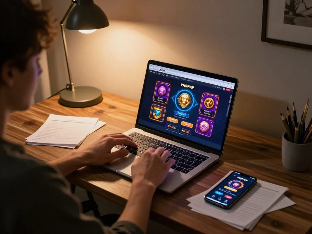 Engaging with PHPVIP online casino from a stylish home office gaming setup