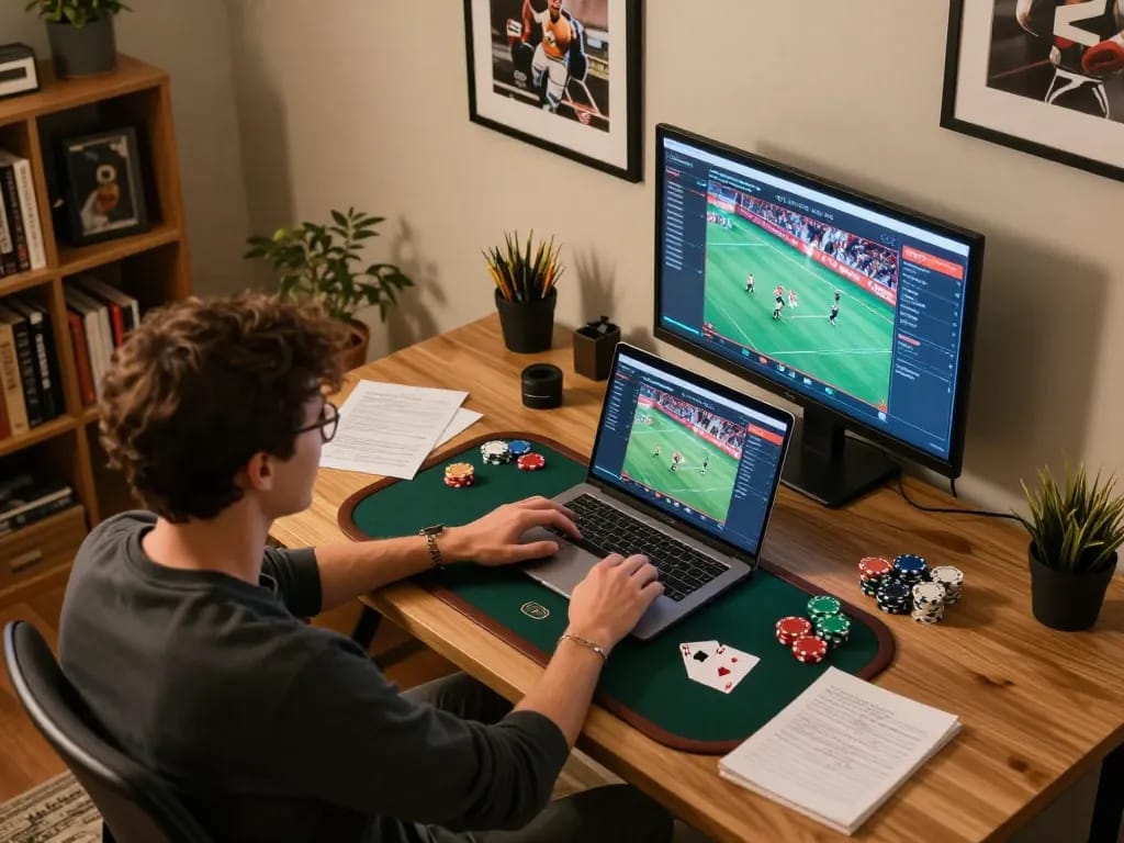 Player strategizing with their KI Detektor Uni in a cozy gaming setup, analyzing poker game on laptop.