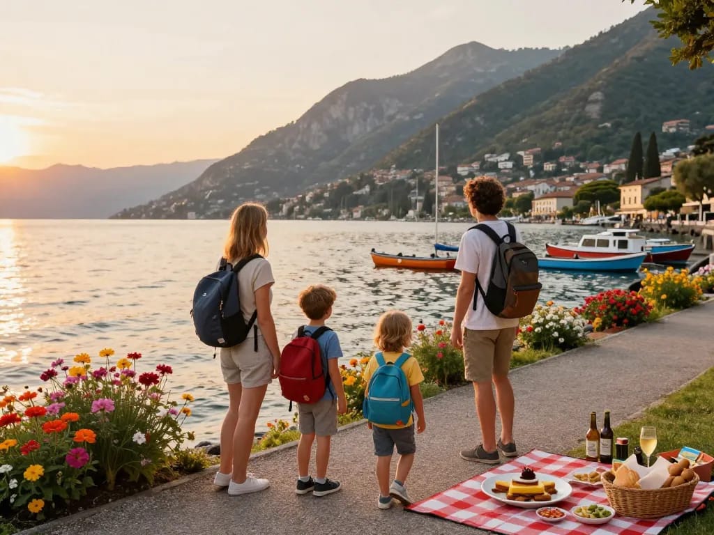 Familie genießt den Sonnenuntergang am Gardasee und erkundet Reisetipps Gardasee.