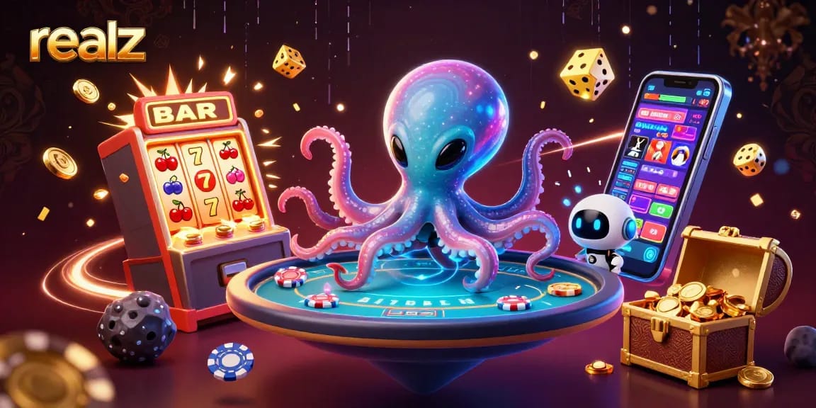 Realz casino illustration featuring an alien octopus at a poker table surrounded by vibrant game elements.