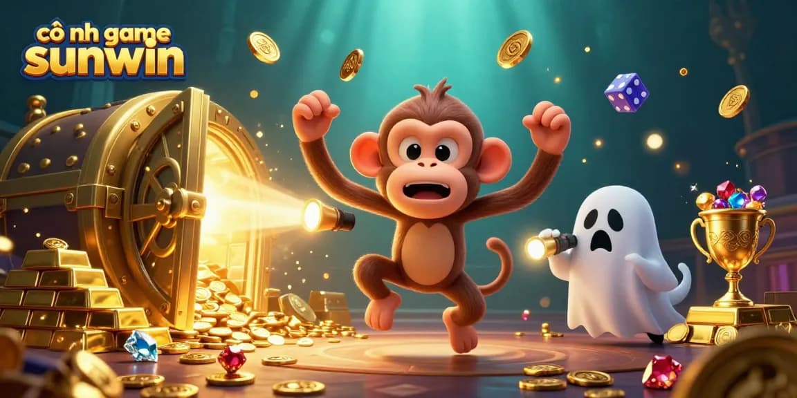Catch golden treasures with cổng game sunwin as a mischievous monkey showcases magical coins and cards.