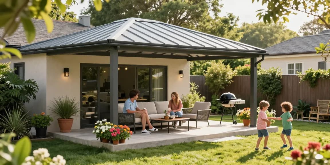 Moderne Terrassenüberdachung im Garten mit Familie, die unter dem Dach entspannt.