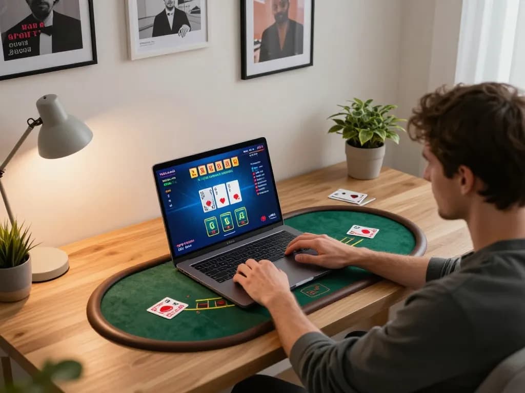 CM88 player engaged in online blackjack with detailed interface, cozy home setup