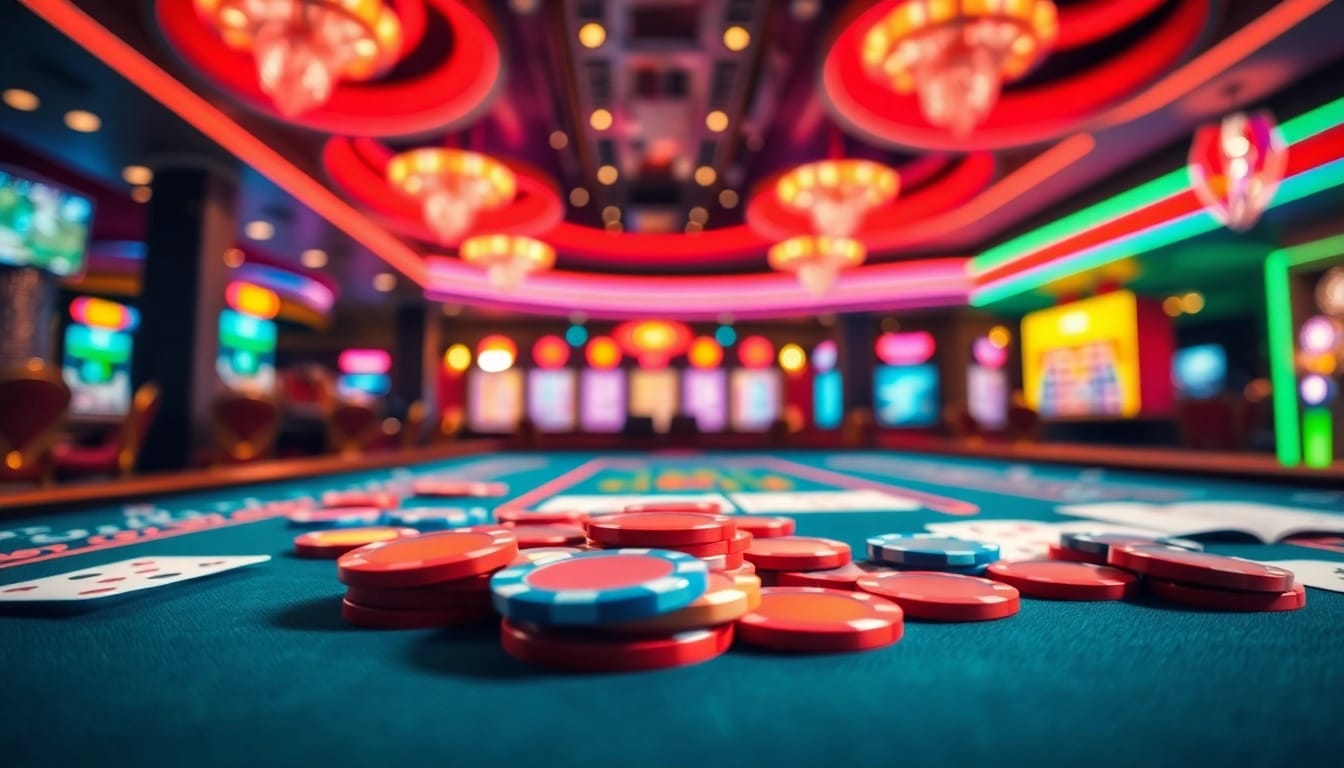 Online casino spielen an einem lebhaften Spieltisch mit bunten Chips und Karten.