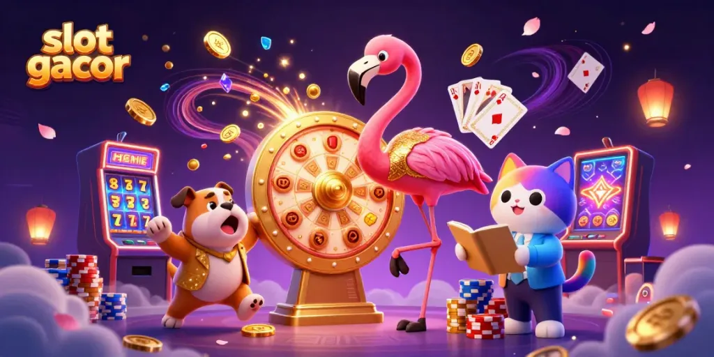 Engage in excitement with slot gacor as the game show host spins the golden jackpot prize wheel, surrounded by vibrant casino elements.
