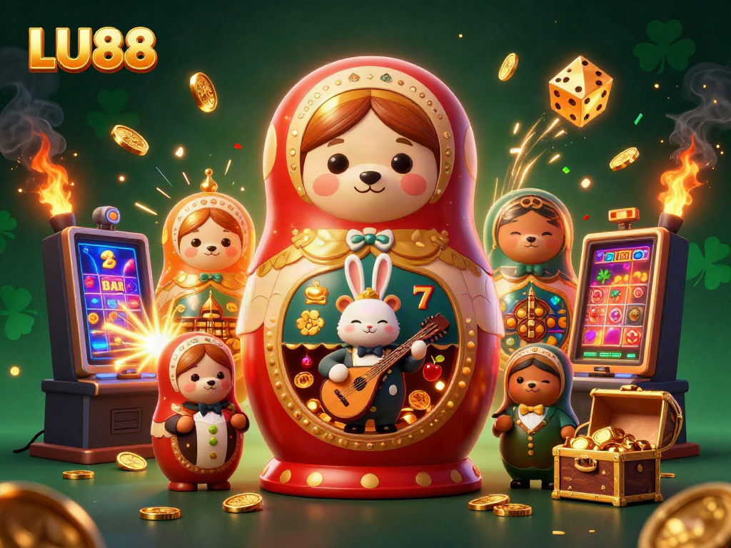 Join the excitement at LU88 with a vibrant cartoon scene featuring colorful casino characters and dynamic game elements.