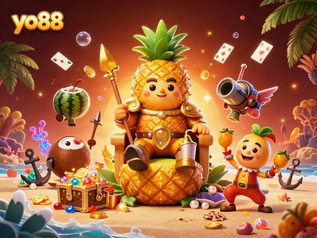 Experience thrilling action with yo88 as the golden pineapple king reigns over an exciting casino scene.