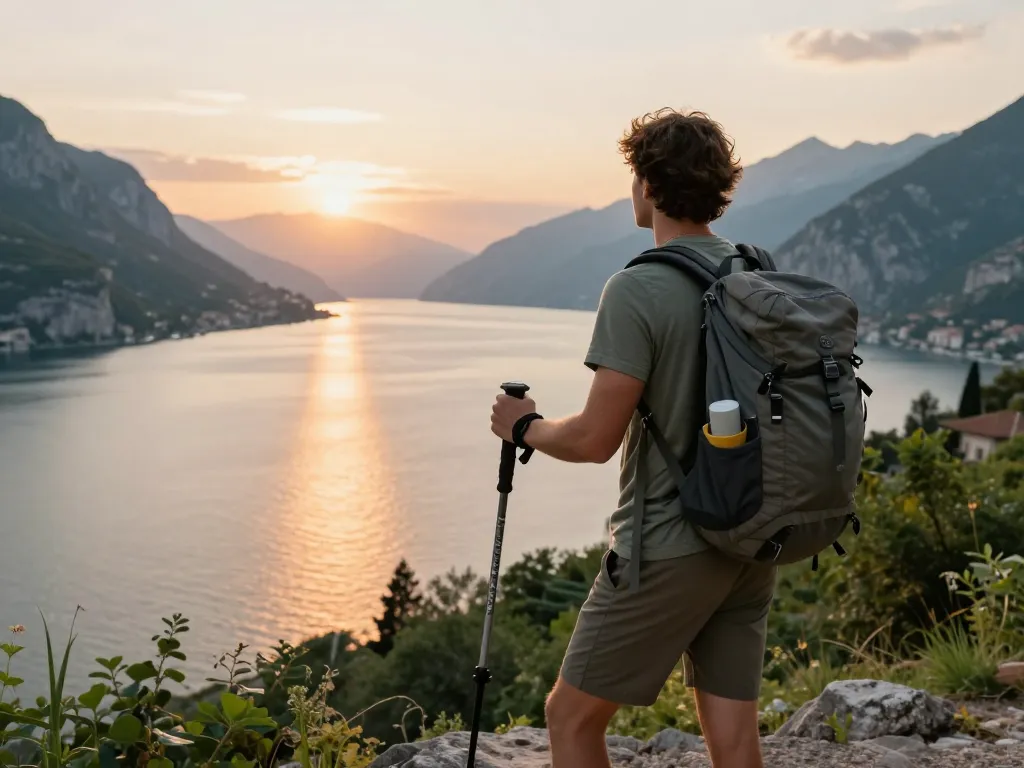 Gardasee Reisetipps für Abenteuerlustige, die einen Reisenden an einem malerischen Aussichtspunkt mit Blick auf den Gardasee zeigen.