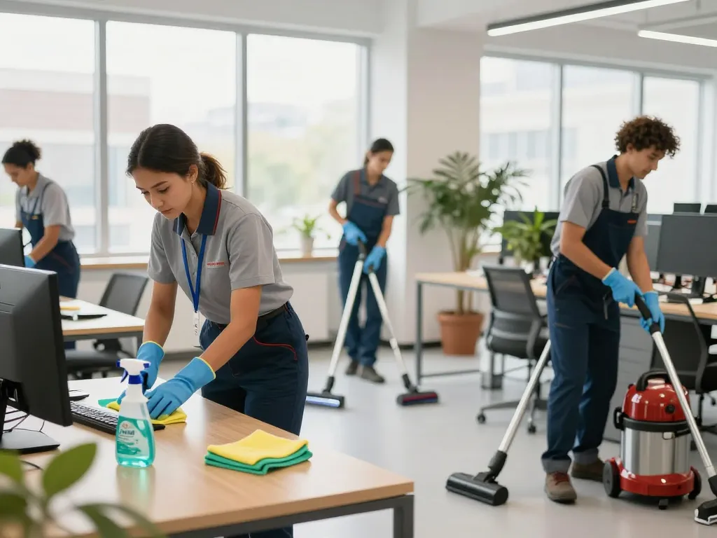 Saubere Arbeitsumgebung mit einem professionellen Gebäudereinigung im Raum Dülmen Team, das effizient Büroräume reinigt.