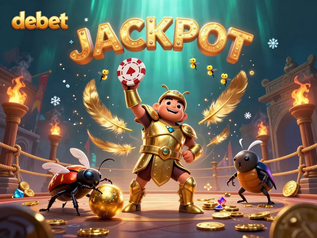 Experience the excitement of debet's gambling universe with a victorious beetle character amidst vibrant casino elements.