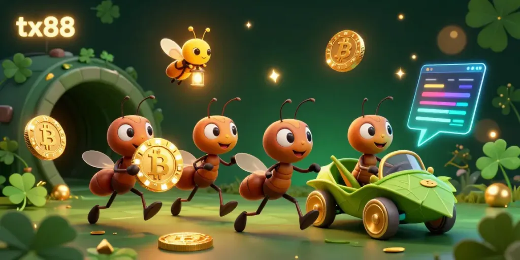 Engage with tx88's thrilling adventure as cartoon ants pull off a heist with oversized poker chips.