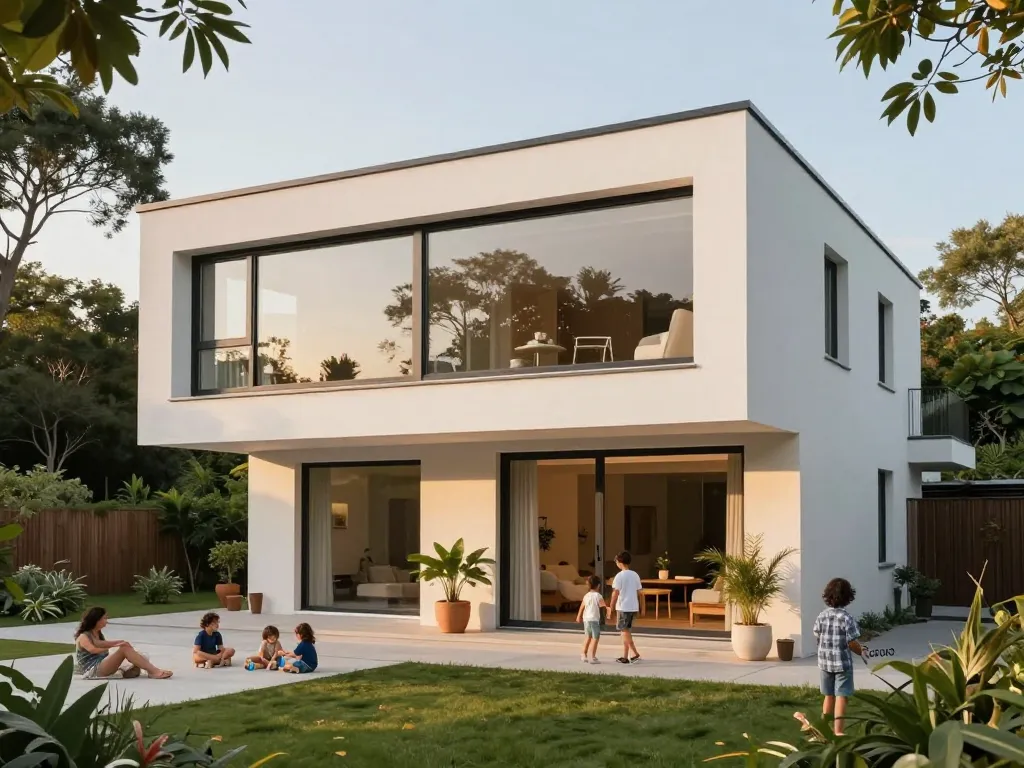 Stilvolle Außenansicht eines Hauses mit fenster schüco Fenstern, die moderne Architektur und familienfreundliches Design hervorhebt.
