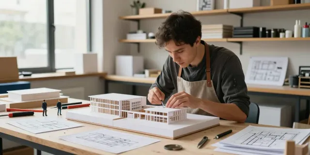 Präziser Architekturmodellbau Dänemark in einem modernen Atelier mit handwerklichen Techniken.