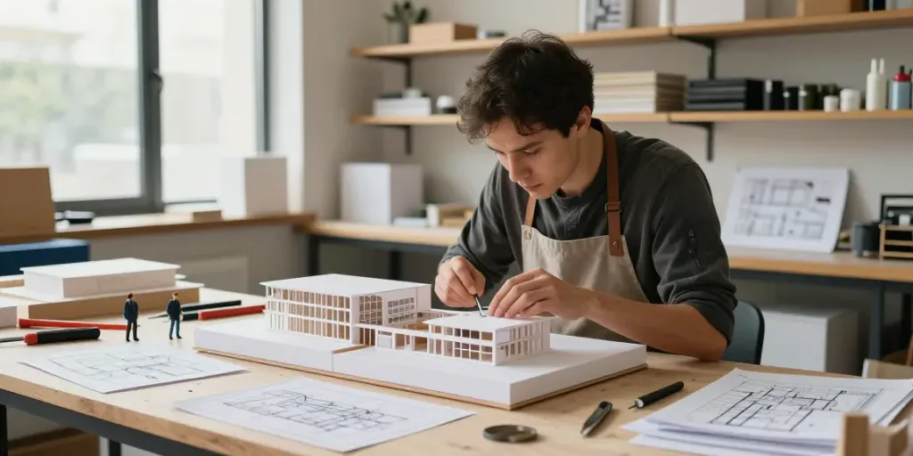 Präziser Architekturmodellbau Dänemark in einem modernen Atelier mit handwerklichen Techniken.