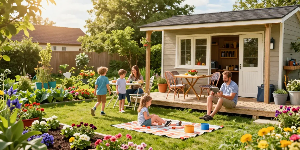 Familie genießt das Gartenhaus kaufen, umgeben von bunten Blumen und einem Gemüsebeet im Garten.