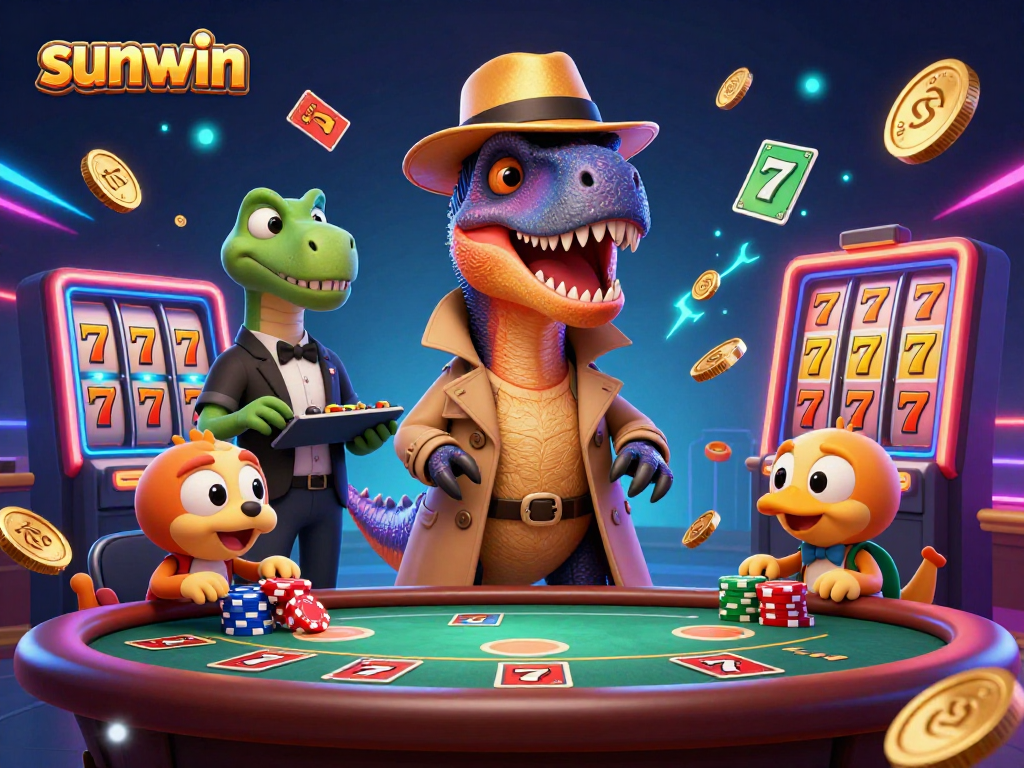 Experience thrilling gameplay with sunwin as a velociraptor card counter navigates the blackjack tables, surrounded by dynamic casino elements.