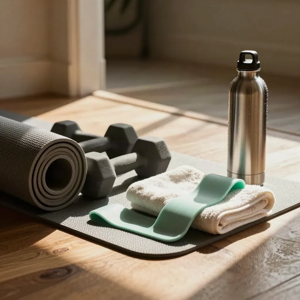 Fitness-Ecke mit Matte, Hanteln, Band, Handtuch und Wasserflasche im warmen Türlicht.