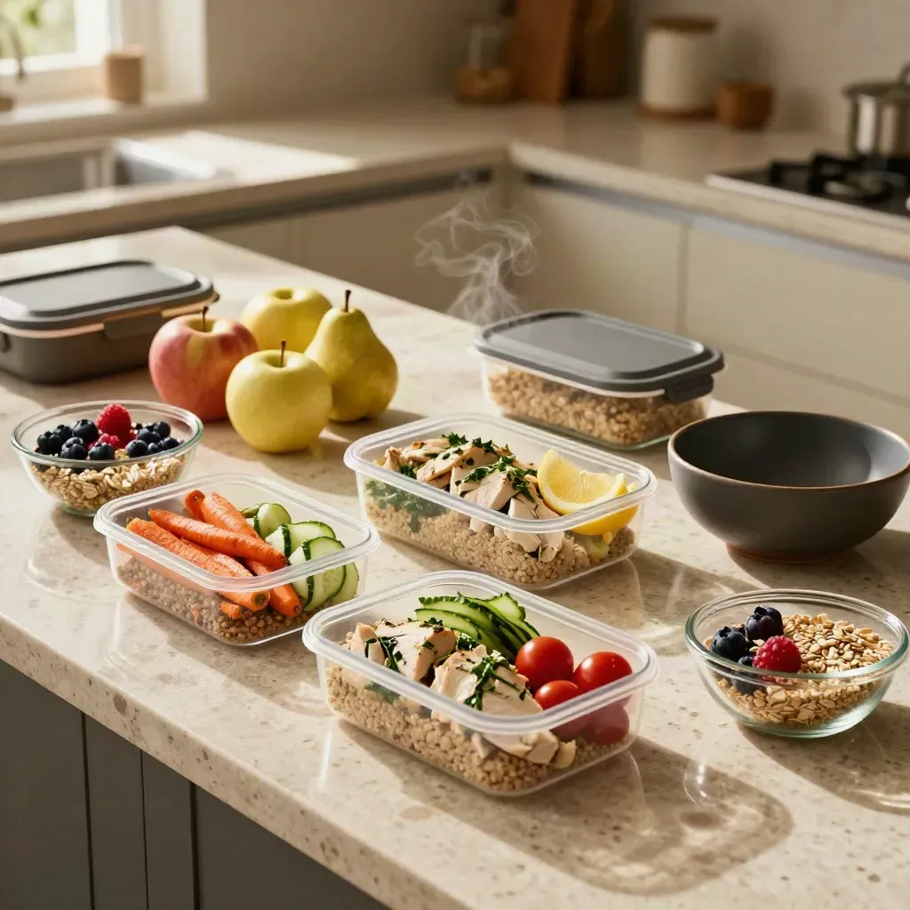 Klar vorbereitete Meal-Prep-Boxen mit Obst und Getreideschalen auf hellem Steintresen.