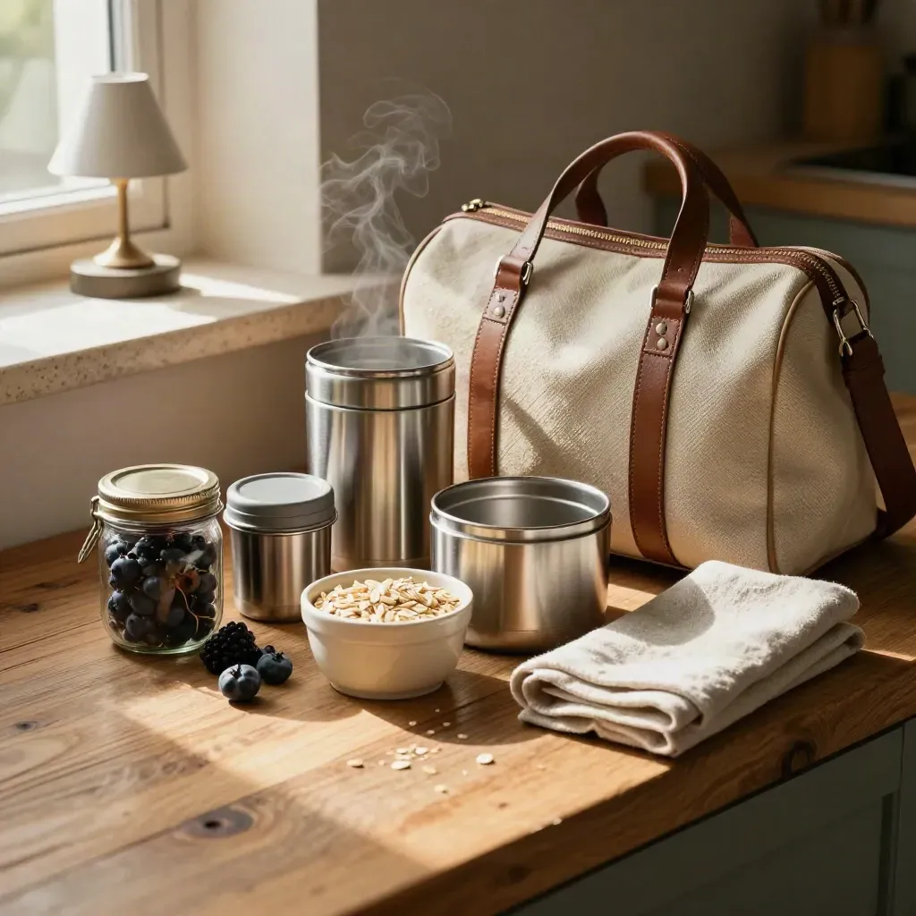 Reise-Dinner-Kit mit Behältern, Beeren und Weekender auf warmer Holzbank