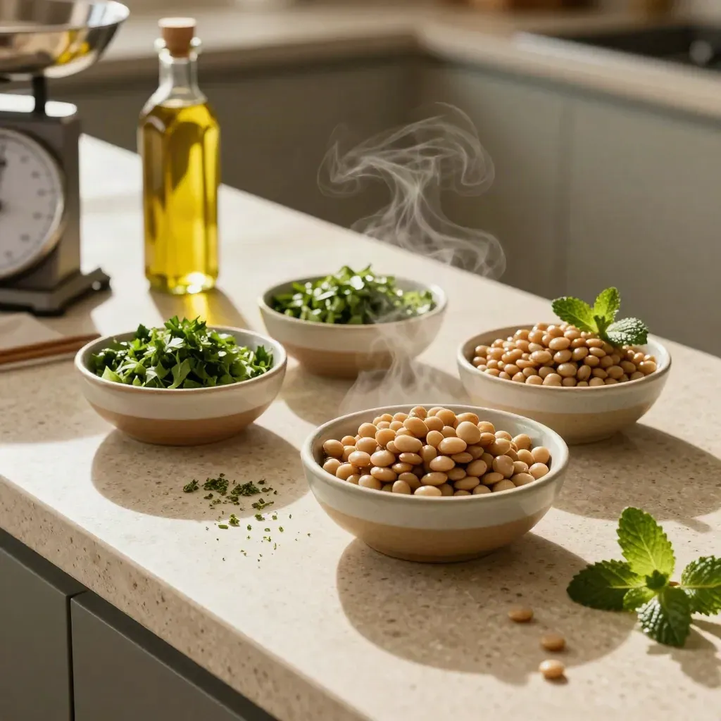 Portionierte Linsen, Kräuter, Olivenöl und Küchenwaage auf Travertin mit Dampf.