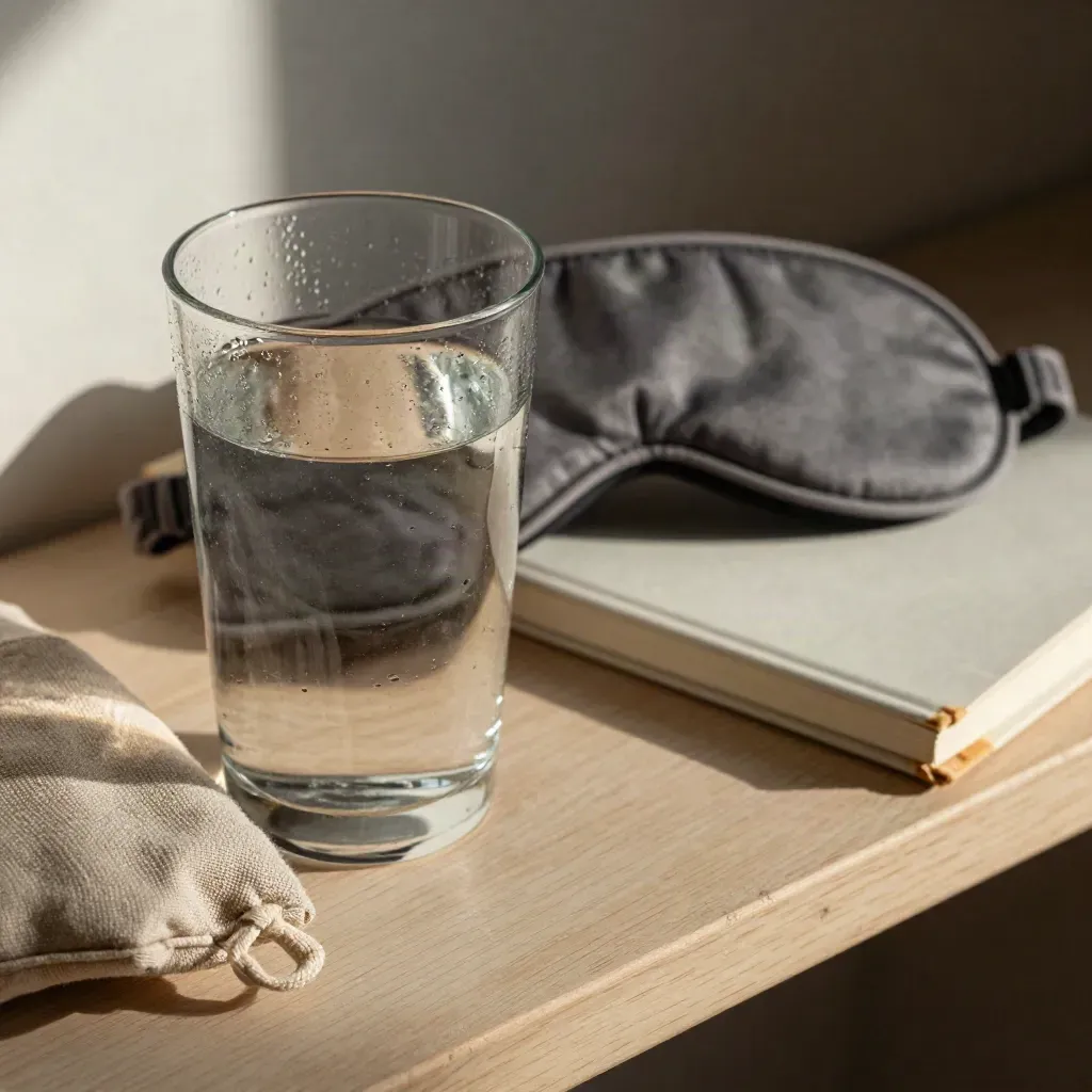 Wasserglas, Schlafmaske, Leinenbeutel und Habit-Notizbuch auf hellem Holz im Morgenlicht