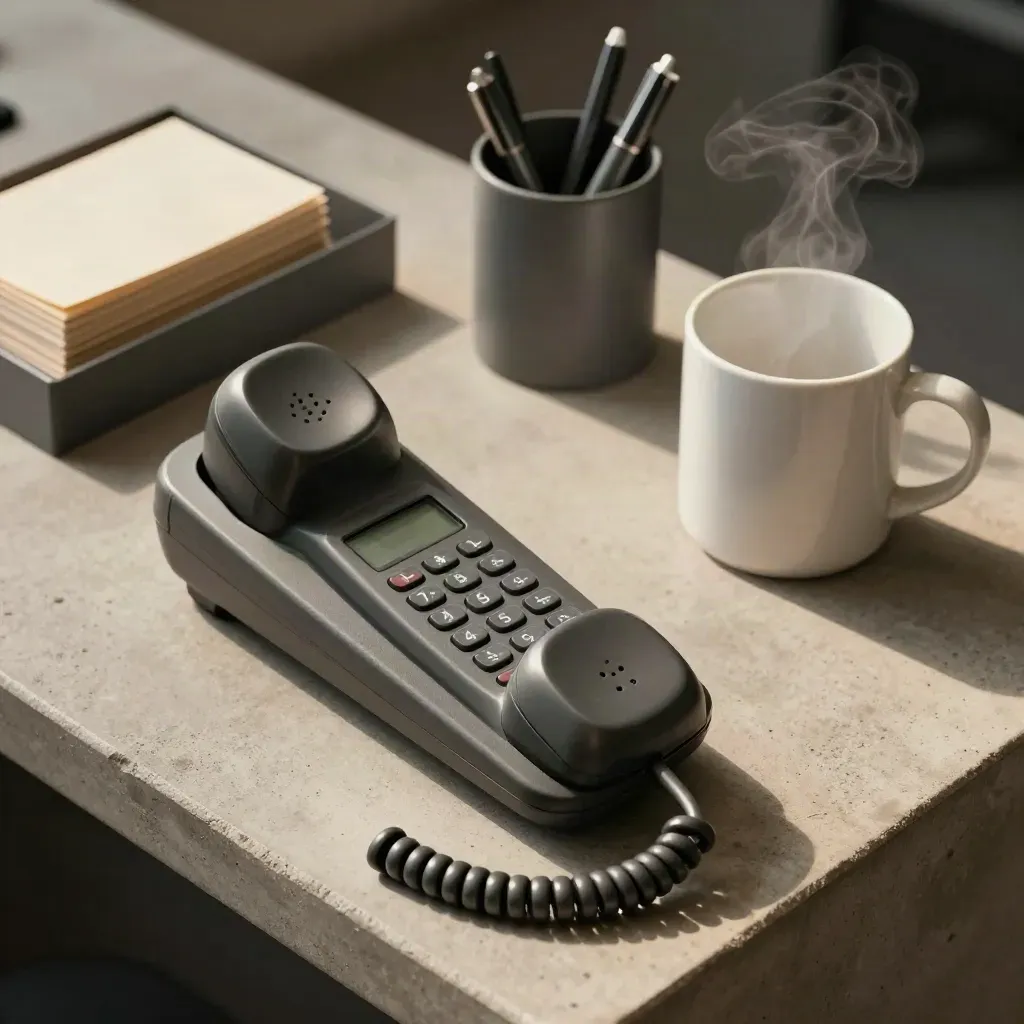 Kordelloses Telefon, Ablagefach, Karten und Tasse auf hellem Beton, von oben