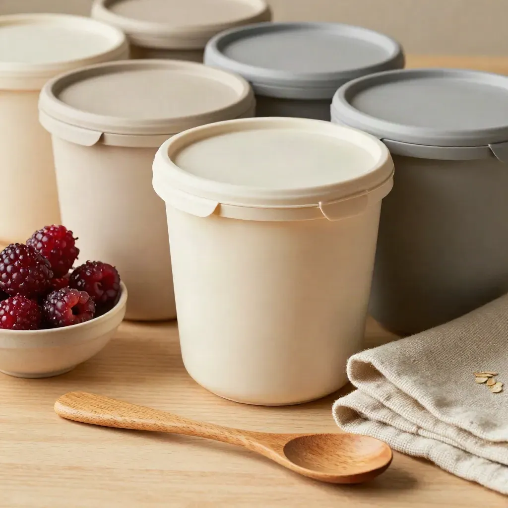 Meal-Prep-Boxen mit Beeren, Leinentuch und Holzlöffel auf hellem Holz.