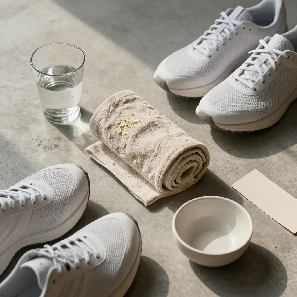 Überkopf-Flatlay mit Wasserglas, Leinentuch, Laufschuhen und Keramikschale auf Beton.