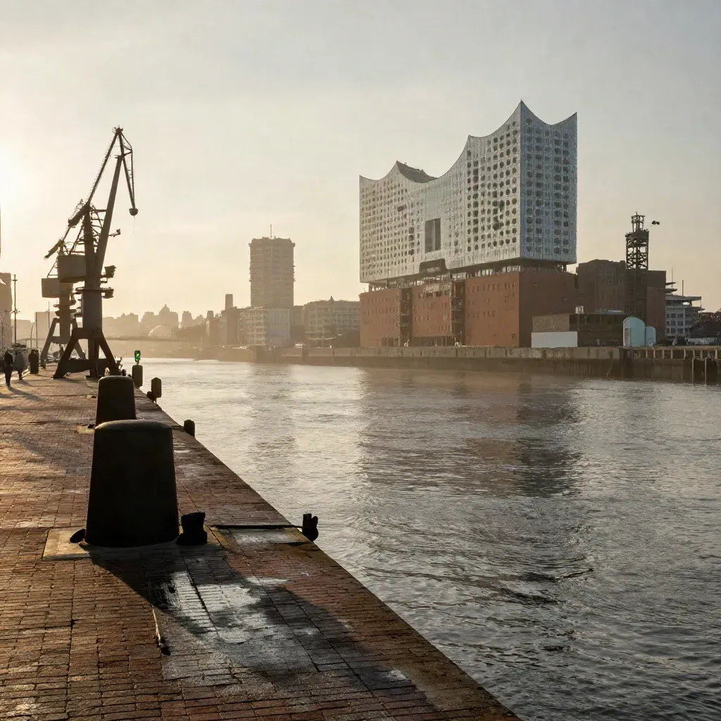 Hamburger Hafen im goldenen Morgenlicht mit Kränen und Elbphilharmonie im Dunst.