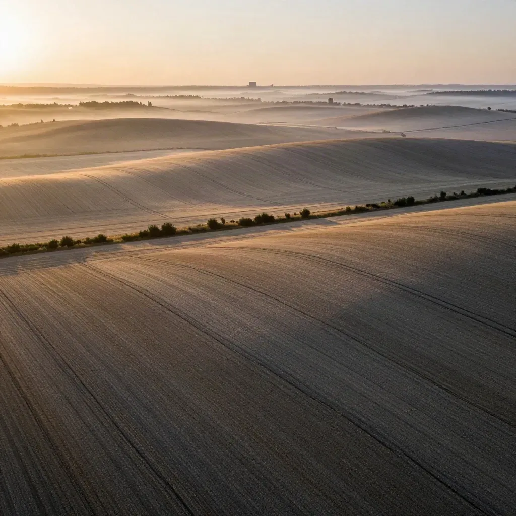 Sanfte Felder bei Sonnenaufgang mit Nebel und weitem Horizont