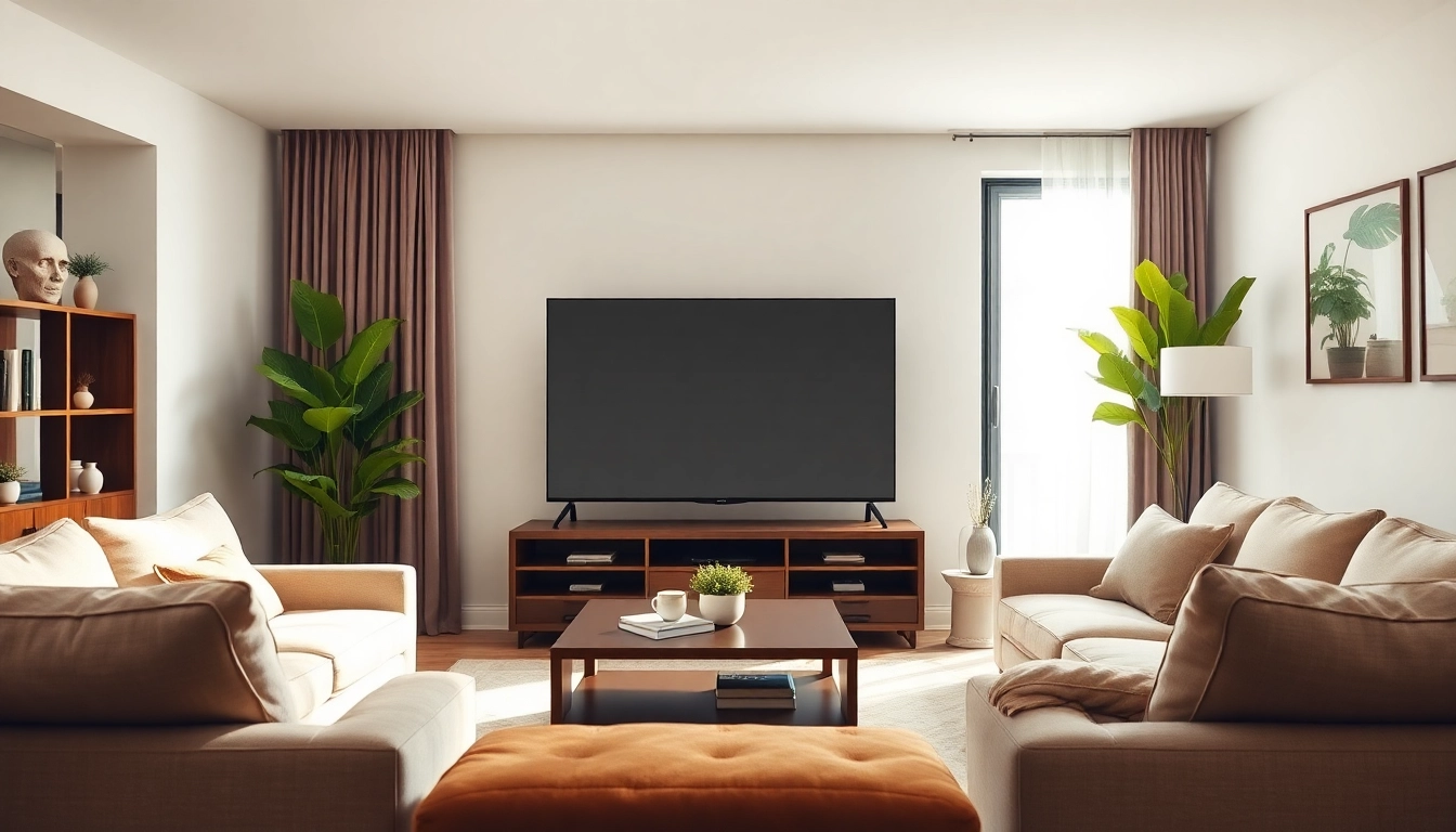 Erlebe IPTV Internet TV in einem einladenden Wohnzimmer mit modernem Smart-TV und bequemen Möbeln.