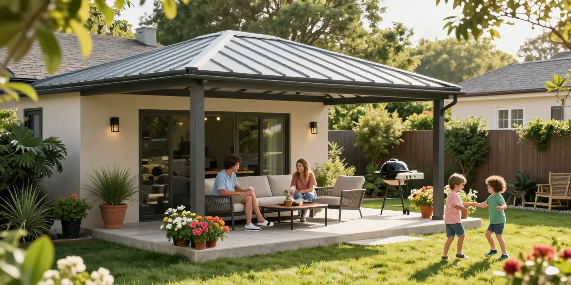 Moderne Terrassenüberdachung im Garten mit Familie, die unter dem Dach entspannt.