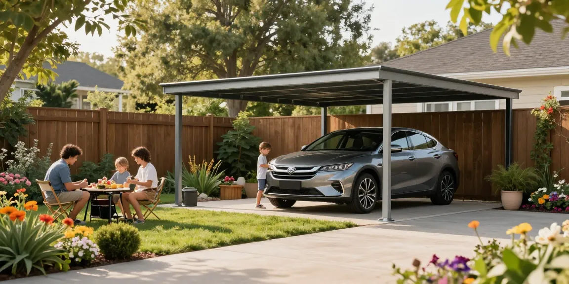Moderne Carport-Straße mit Auto und Familie beim Grillen in der Nähe.