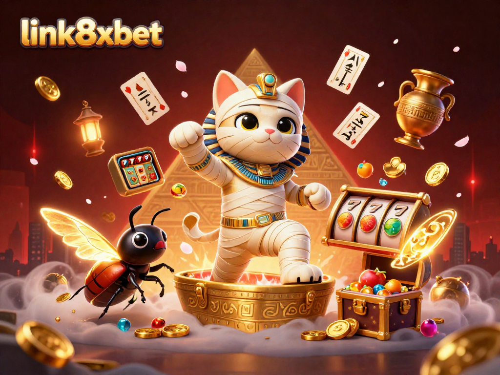 Win exciting jackpots with link8xbet at the 3D mummy cat casino adventure, featuring vibrant treasures and games.