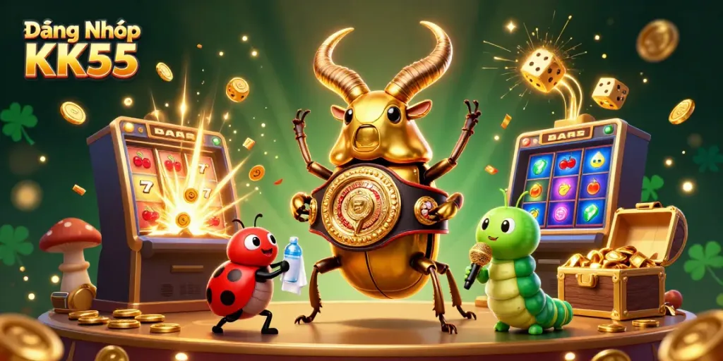 Engage with Đăng Nhập KK55 in a vibrant casino-themed 3D scene featuring dynamic characters and flashy game elements.