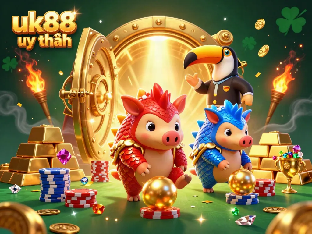Experience epic gaming action with uk88 uy tín as rival pangolins bowl through chips and gold in a vibrant casino scene.